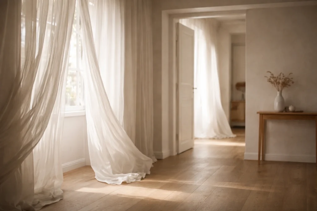 nterior luminoso con cortinas moviéndose suavemente y una puerta entreabierta.