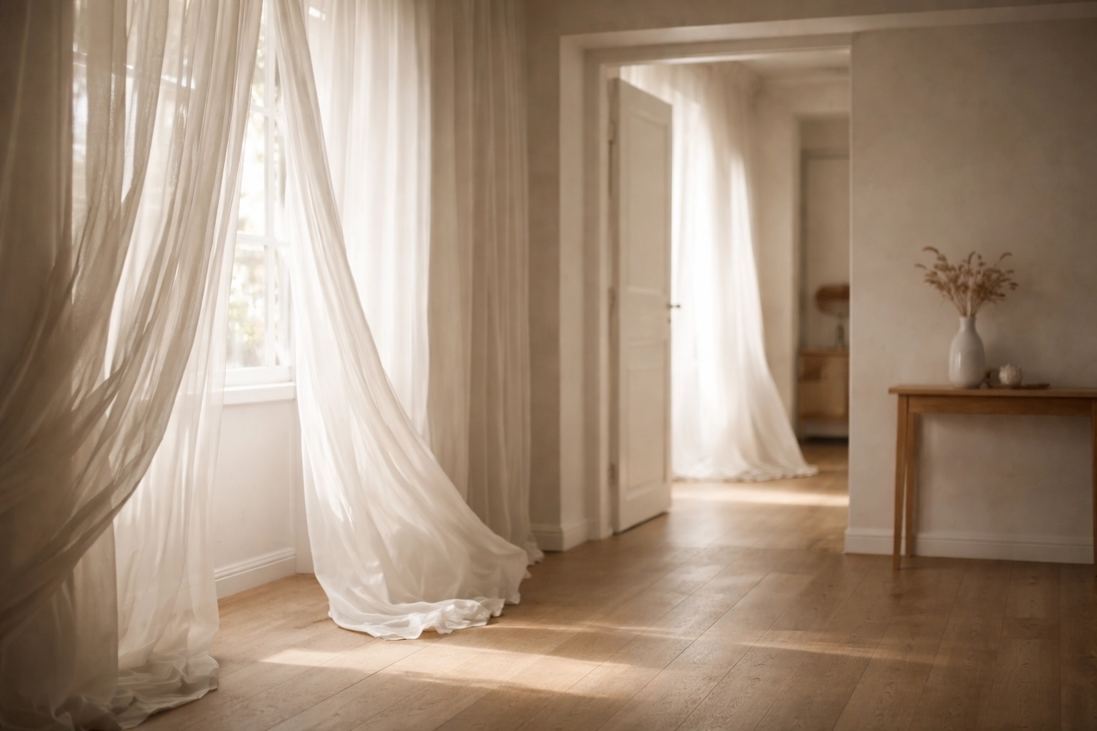 nterior luminoso con cortinas moviéndose suavemente y una puerta entreabierta.