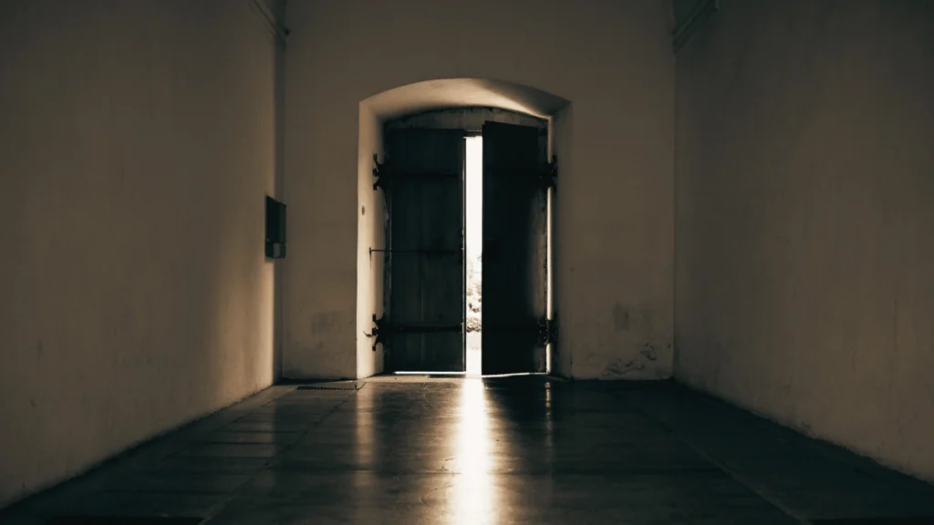 Puerta entreabierta con luz entrando en un espacio interior, símbolo de transición interna sin urgencia.