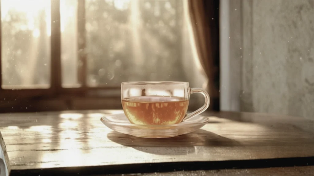 Taza de té sobre mesa de madera con luz natural, transmitiendo calma y pausa consciente.