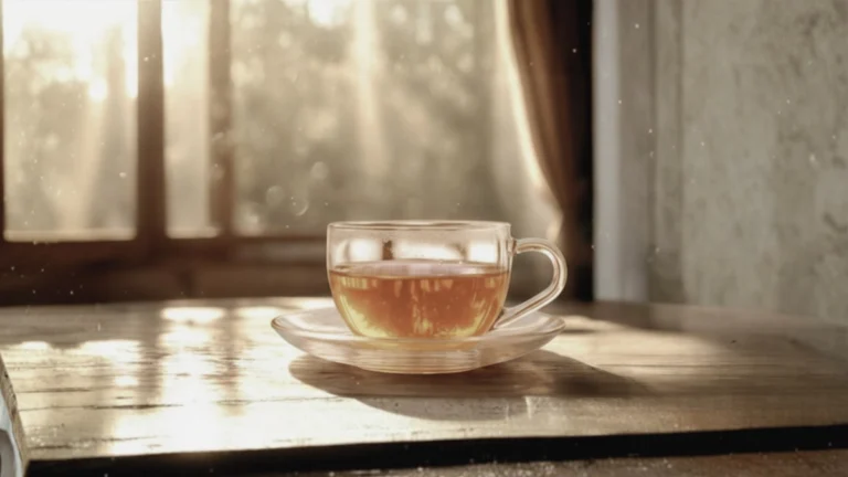 Taza de té sobre mesa de madera con luz natural, transmitiendo calma y pausa consciente.
