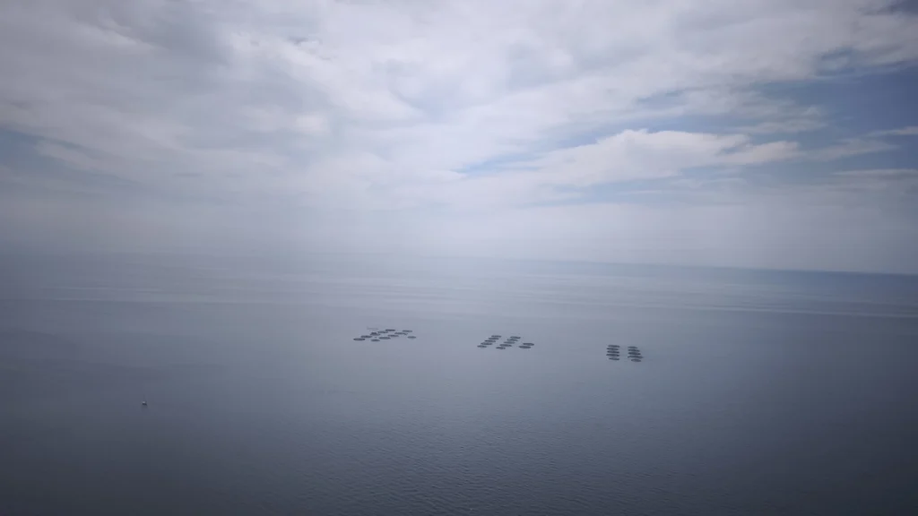 Vista amplia del mar bajo un cielo nublado, con pequeñas agrupaciones de estructuras sobre el agua